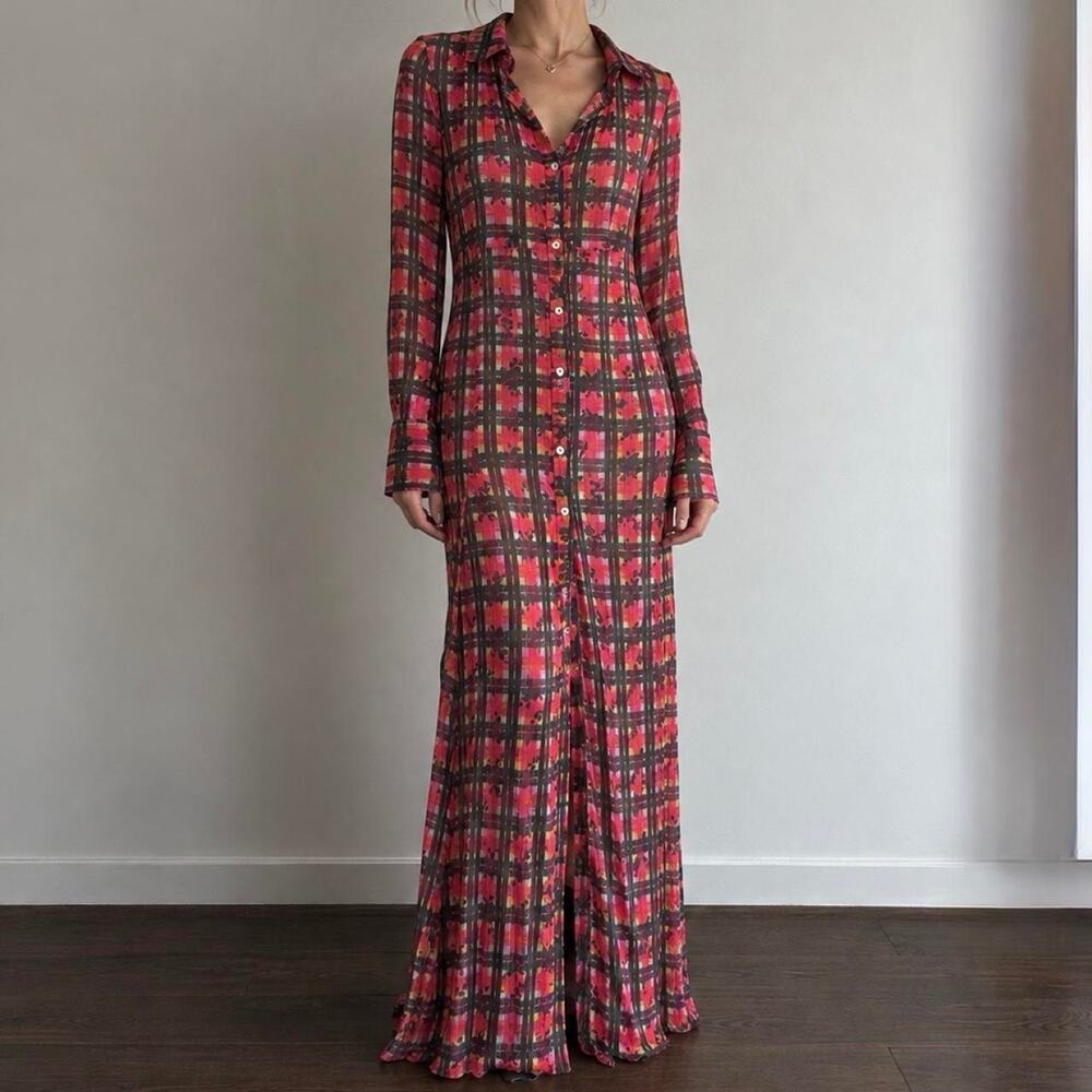 Free People Bohemian Sheer Painterly Resortwear Plaid Maxi Shirt Dress Size S/M